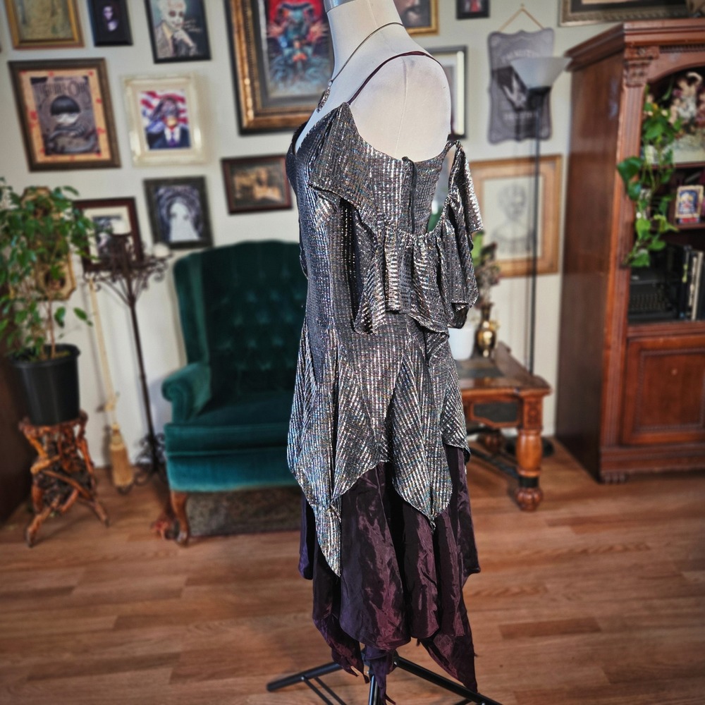 Nuance Party Dress Vintage 80s Metallic Asymmetrical Ruffle Glam Disco Midi - Picture 5 of 8